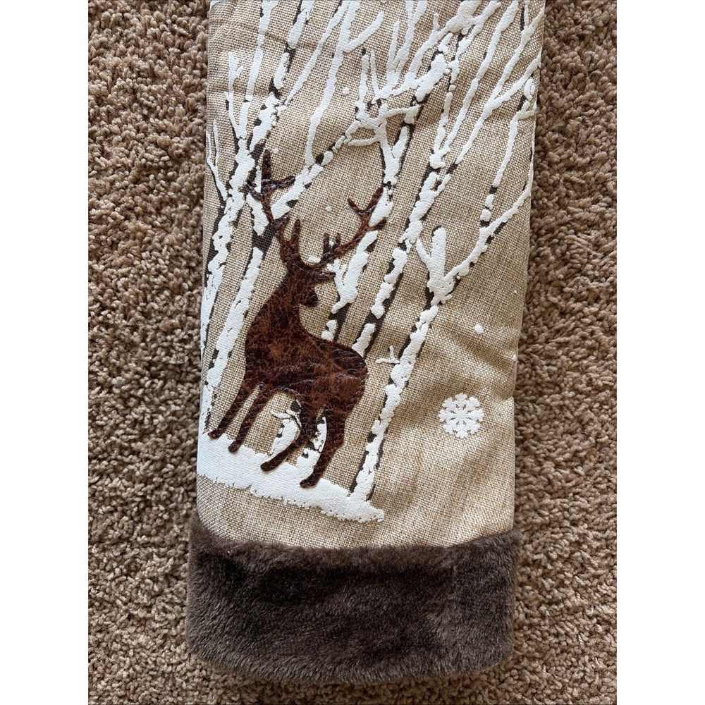 Christmas Shoppe Rustic Burlap Faux Fur Deer Snowy Tree Skirt Holiday Decor NEW